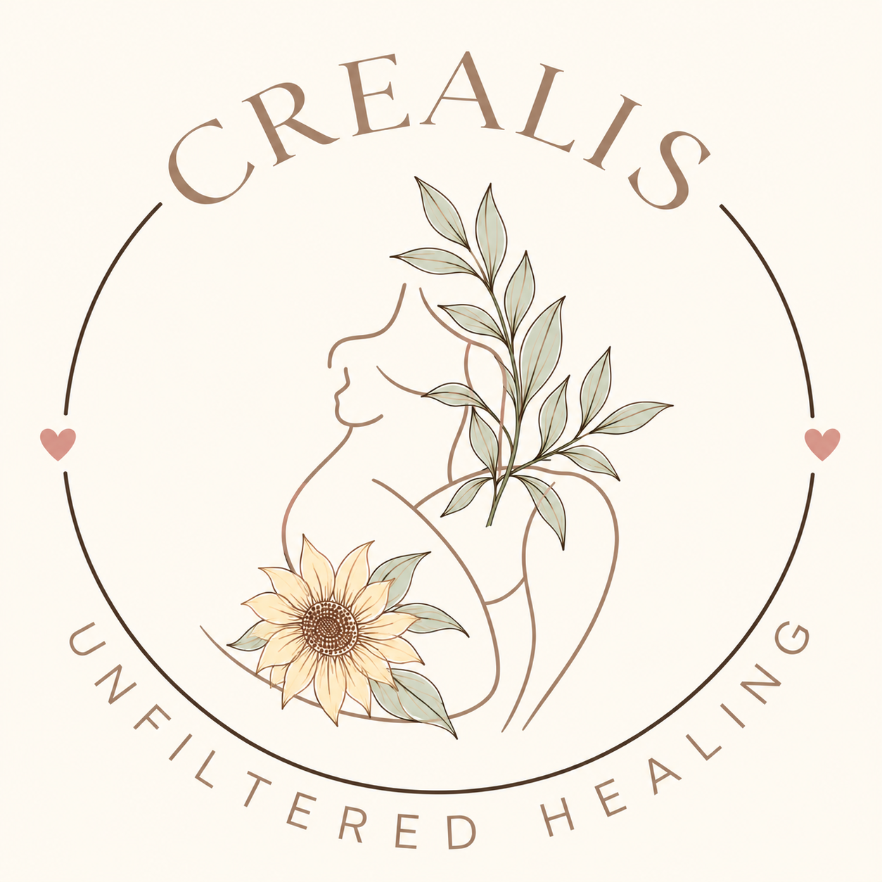 CREALIS – Unfiltered Healing: crèmekleurig logo met bruine letters, vrouw, botanische tak en zonnebloem